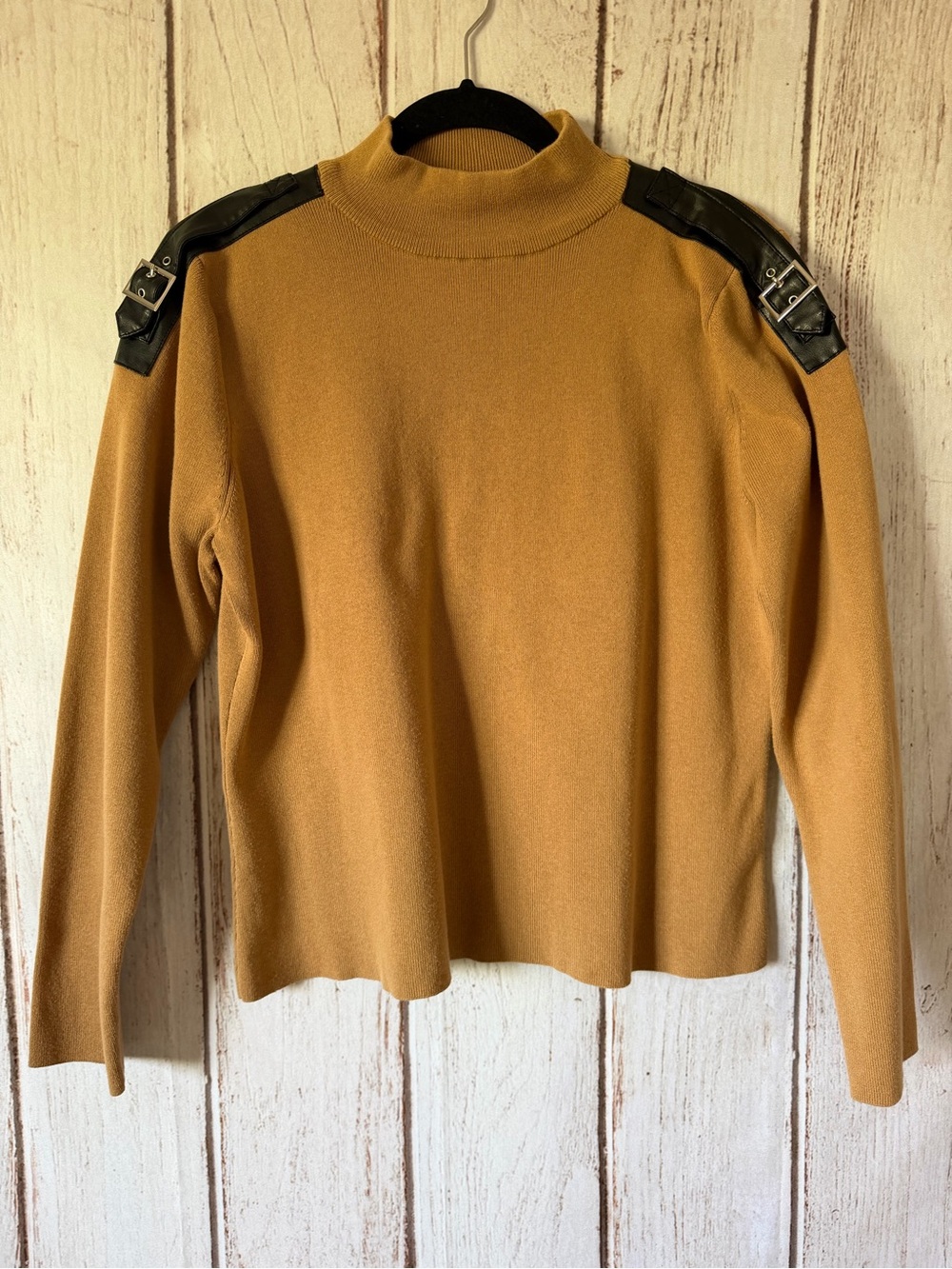Tribal Women’s XL Camel Mock Neck Sweater Black Faux Leather Buckle Shoulder